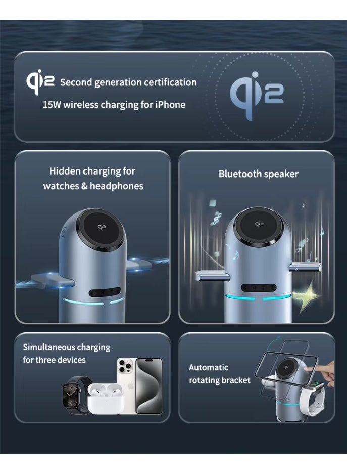 Standard QI2 Wireless Charging Station, Multifunctional 3-in-1 Bluetooth Speaker with Automatic Magnetic Rotating Stand for all iPhone (MagSafe) models 12, 13, 14, 15, 16, 17, AirPods Pro, Apple Watch, Samsung Galaxy Ultra & BAVIN Fast Charging PD 45W, Retractable Cable Rapid Charger Bundle - Image 4